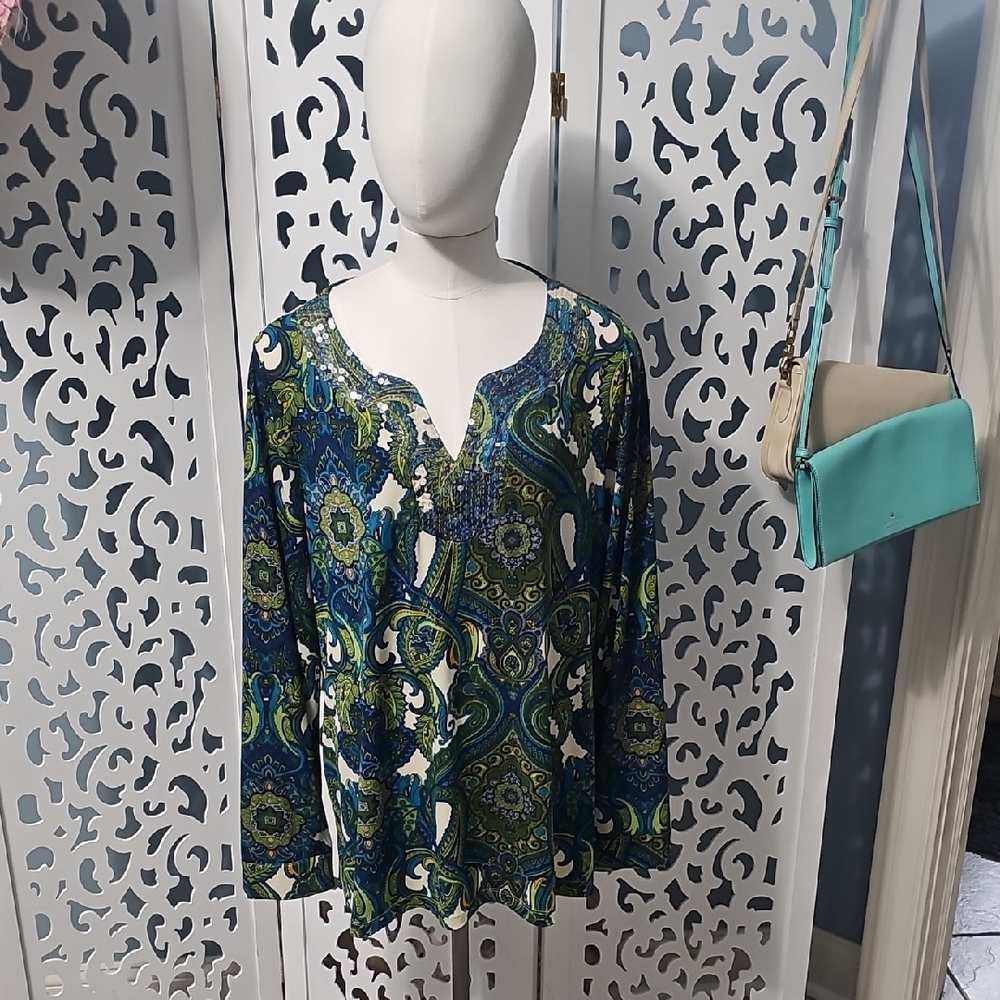 Lane Bryant Green and Blue Paisley Sparkle Neckline Blouse